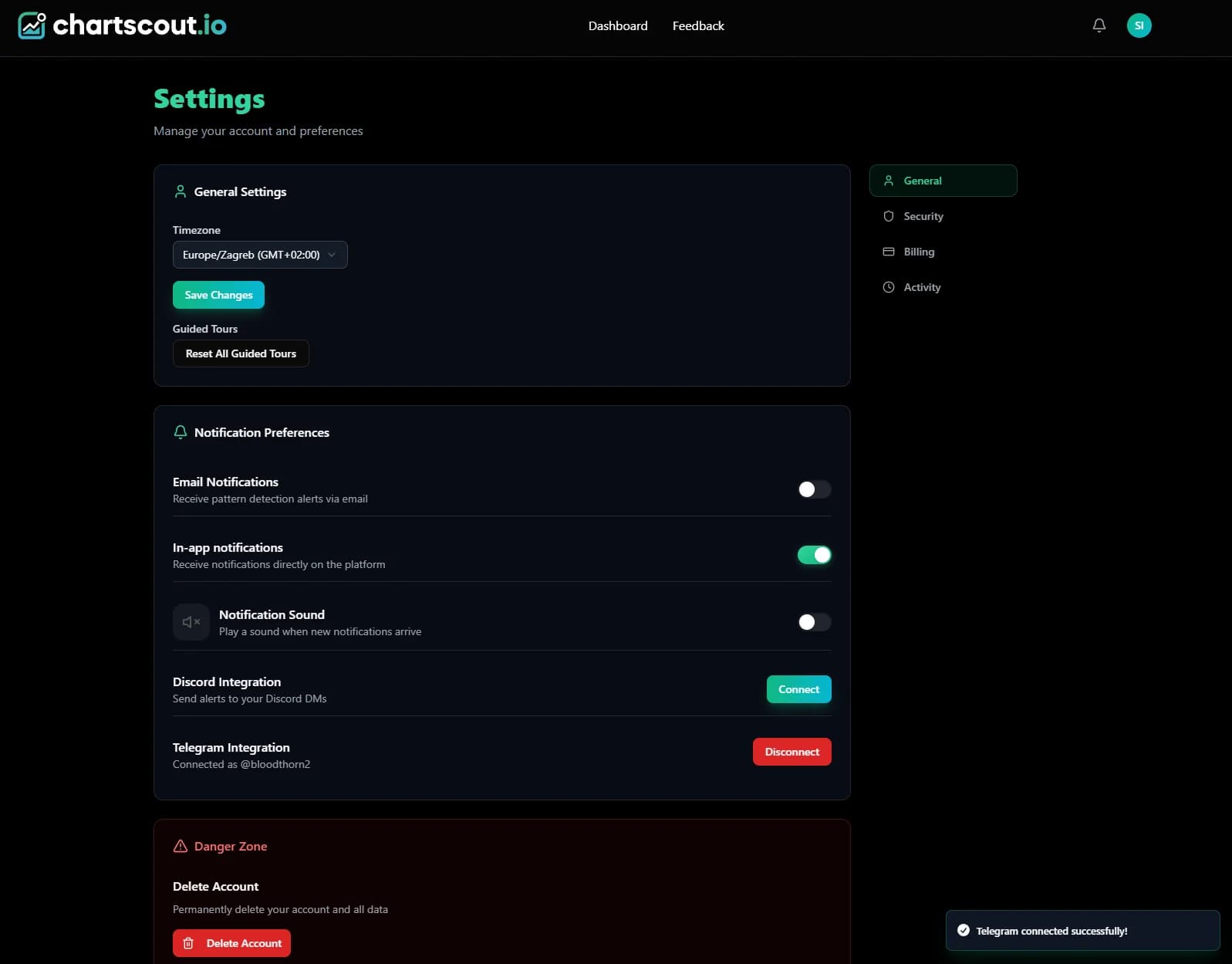 ChartScout settings page showing Telegram connected with Disconnect button, linked handle, and green success toast in the bottom right