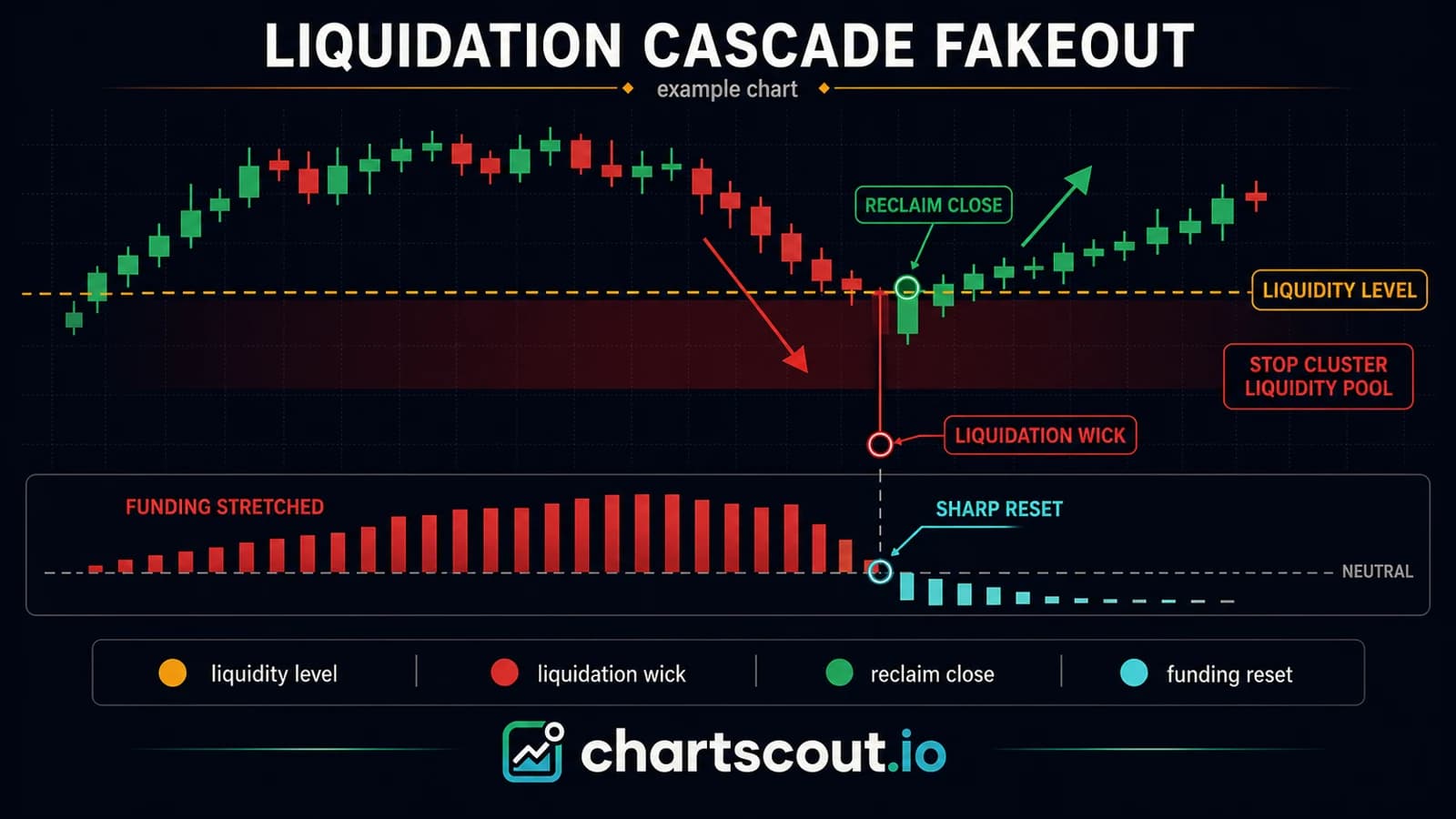 Illustrated liquidation-cascade crypto fakeout: a sharp wick sweeps below a liquidity cluster on a leveraged perp, reclaims the level on the same candle, with a funding-rate panel showing a stretched value beforehand and a sharp reset after
