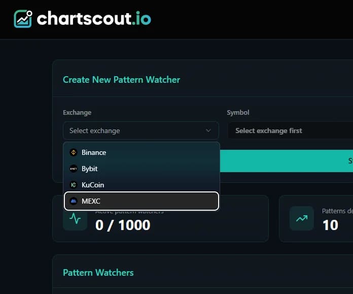 ChartScout new pattern watcher form with the exchange dropdown open and MEXC highlighted alongside Binance, Bybit, and KuCoin