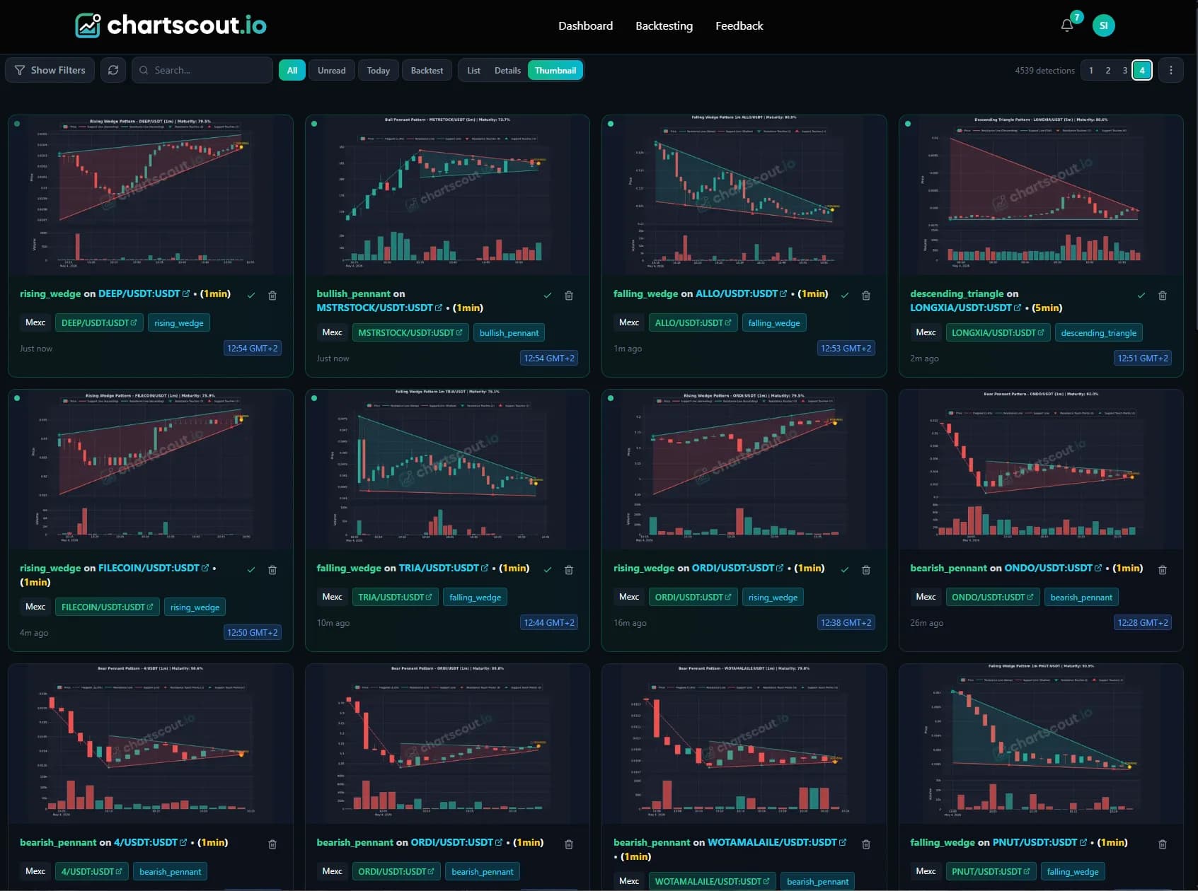 ChartScout live detections feed showing real MEXC pattern alerts including rising wedge, bearish pennant, falling wedge, ascending triangle, and descending triangle on multiple altcoin pairs