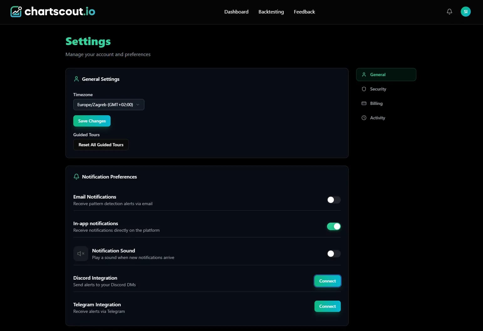 ChartScout settings - click Connect next to Discord Integration ChartScout settings page showing Discord Integration with Connect button under Notification Preferences