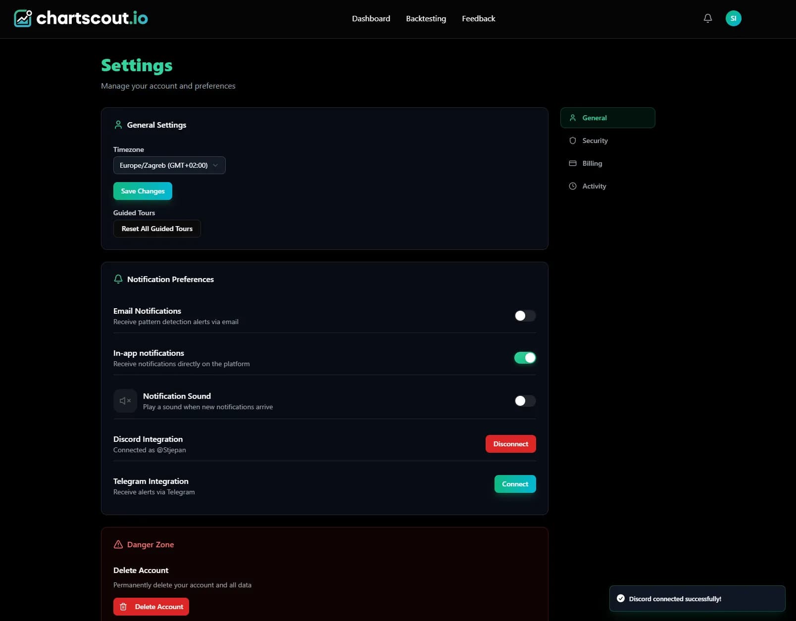 ChartScout settings - Discord connected successfully ChartScout settings page showing Discord connected with Disconnect button and green success notification