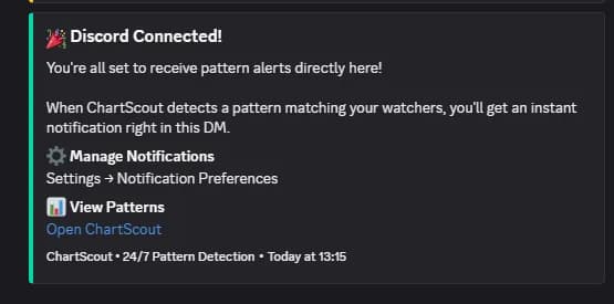 ChartScout bot greeting in Discord DM - ready to receive pattern alerts ChartScout Discord bot welcome message confirming connection and explaining how pattern alerts will be delivered