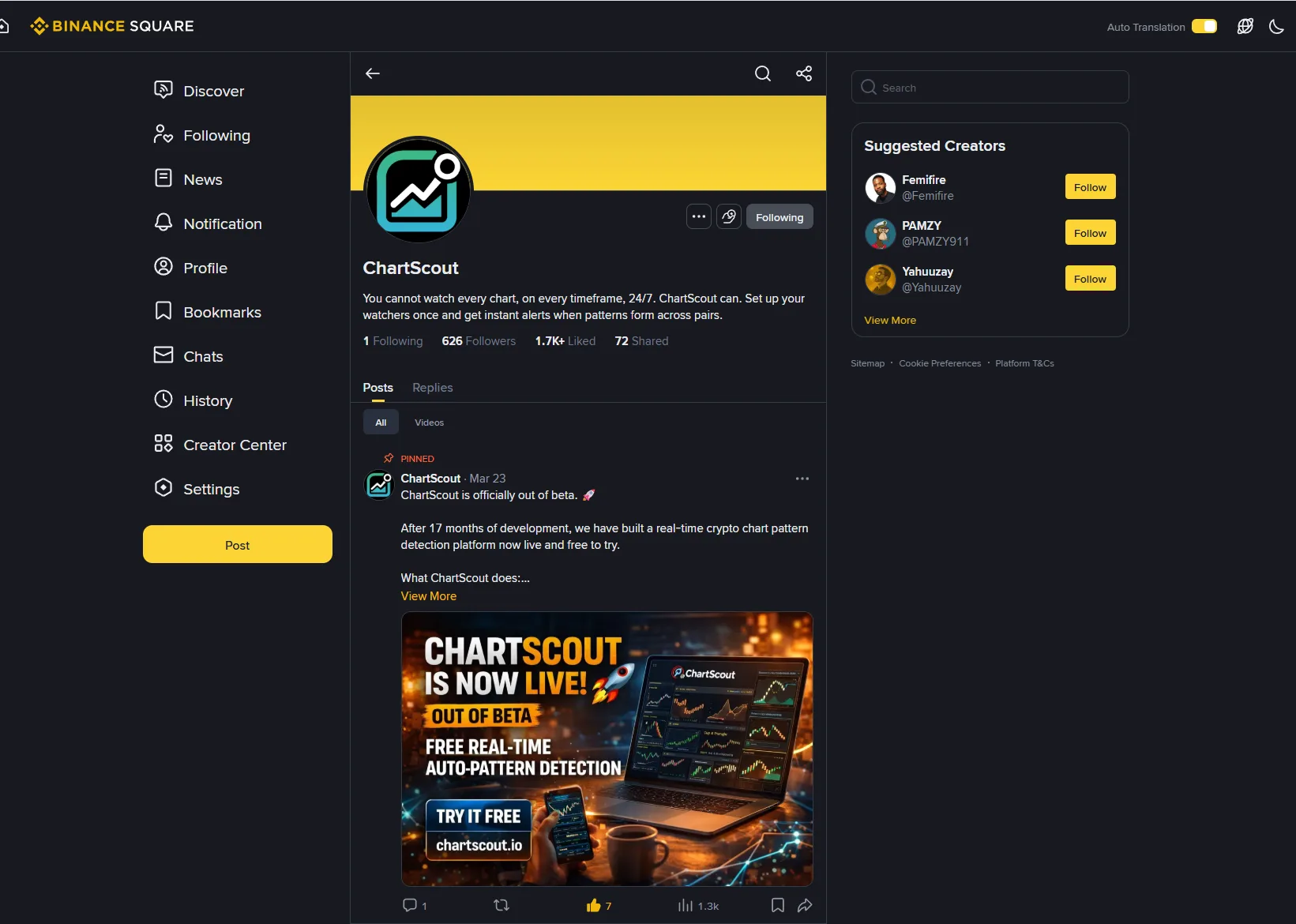 ChartScout public Binance Square profile showing followers, engagement, and pinned scanner announcement ChartScout public Binance Square profile showing followers, engagement, and pinned scanner announcement