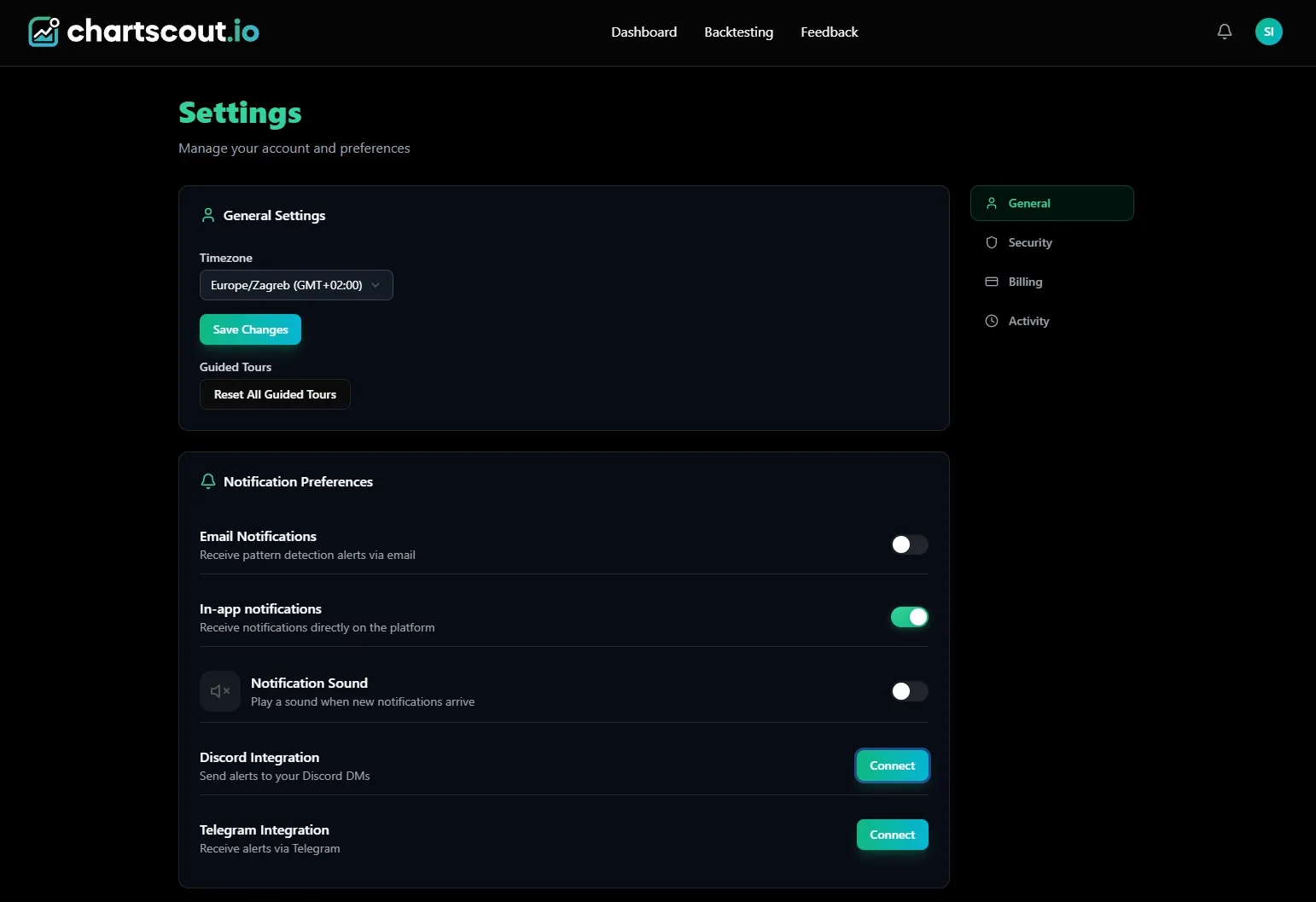 ChartScout settings - click Connect next to Discord Integration ChartScout settings page showing Discord Integration with Connect button under Notification Preferences