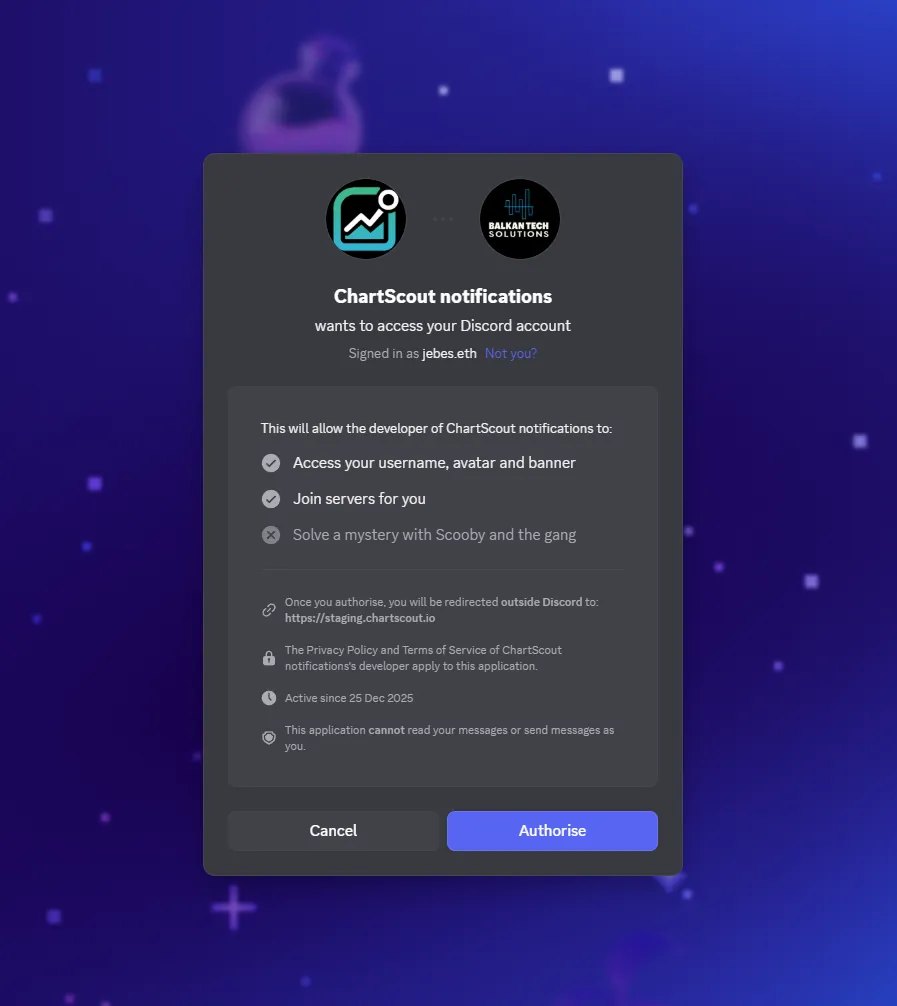 Discord OAuth - authorize ChartScout to send you direct messages Discord OAuth authorization screen for ChartScout notifications requesting permission to access username and send DMs