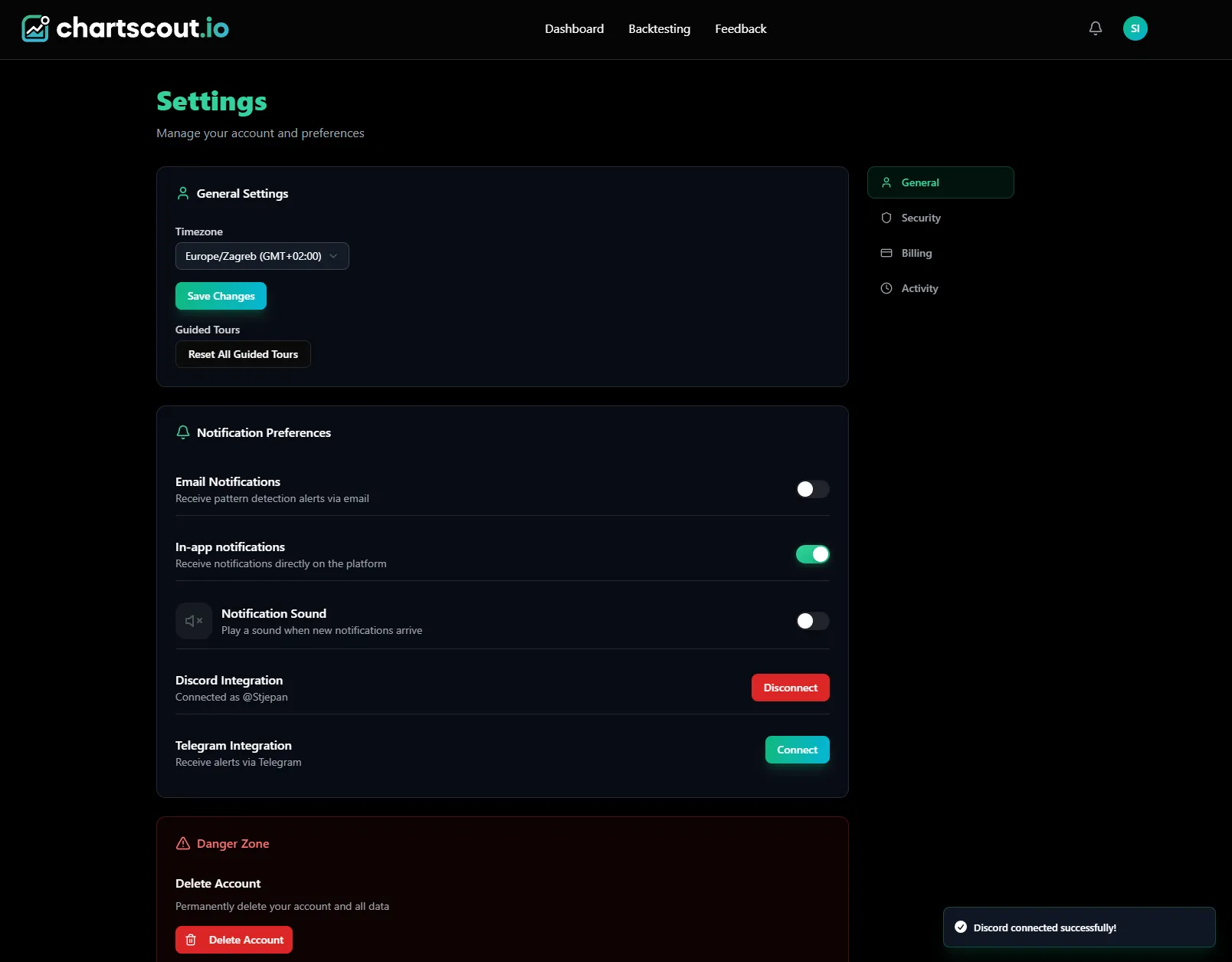 ChartScout settings - Discord connected successfully ChartScout settings page showing Discord connected with Disconnect button and green success notification