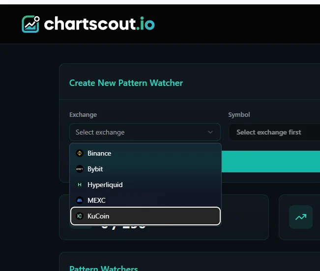 ChartScout new pattern watcher form with the exchange dropdown open and KuCoin highlighted alongside Binance, Bybit, Hyperliquid, and MEXC